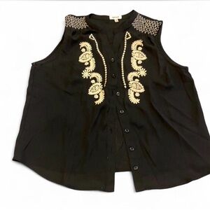 TeenBell Black Sleeveless Top with Gold Embroidery